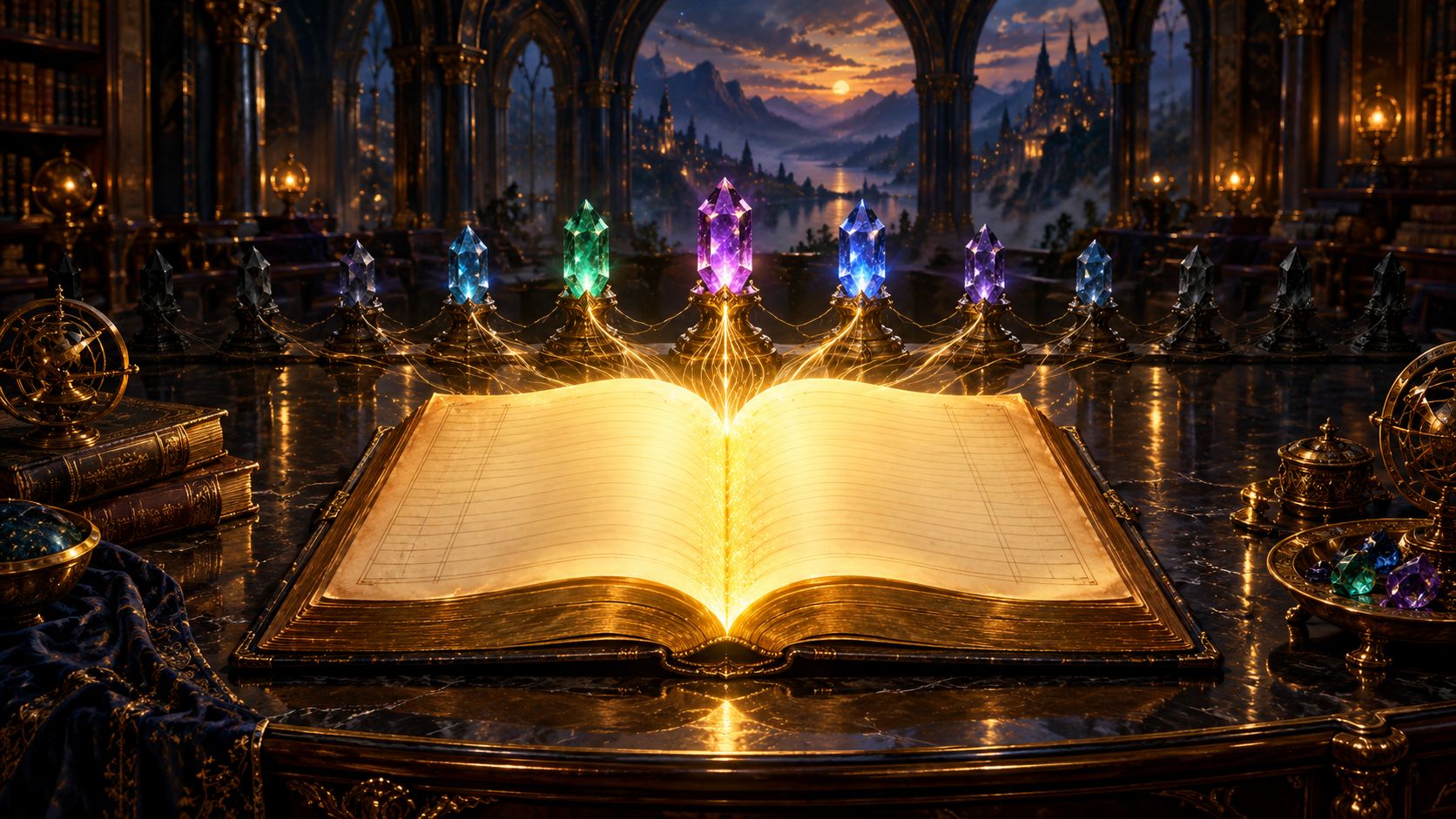 An open ledger glowing gold on a dark table, fed by threads from a row of session crystals that fade toward the edges.